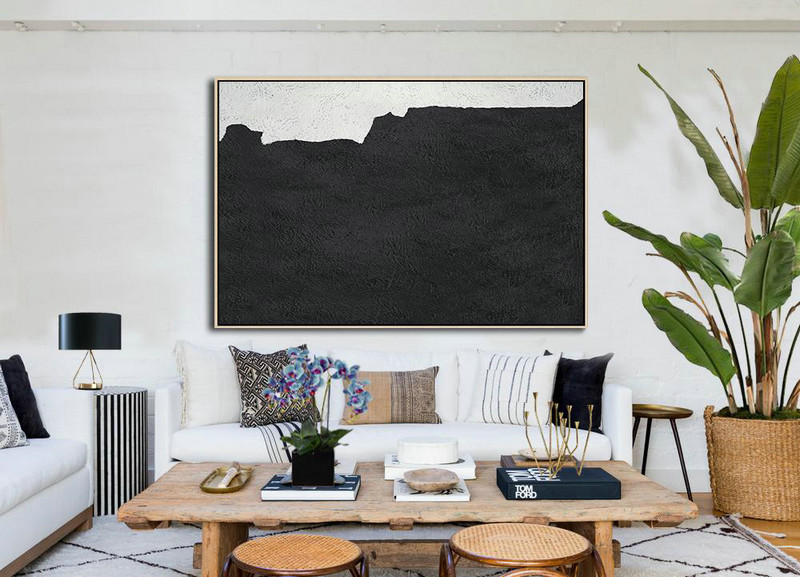 Large Canvas Wall Art For Sale,Hand Painted Oversized Horizontal Minimal Art On Canvas, Black And White Minimalist Painting - Canvas Artwork For Sale